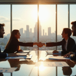 Professionnels en réunion à Paris avec skyline La Défense