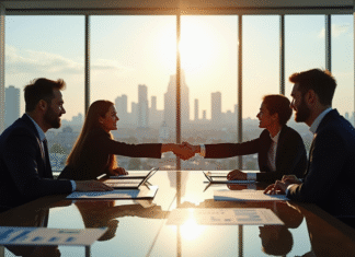 Professionnels en réunion à Paris avec skyline La Défense