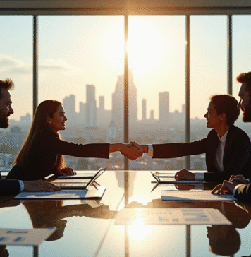 Professionnels en réunion à Paris avec skyline La Défense