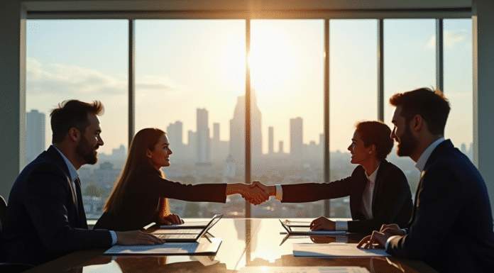 Professionnels en réunion à Paris avec skyline La Défense
