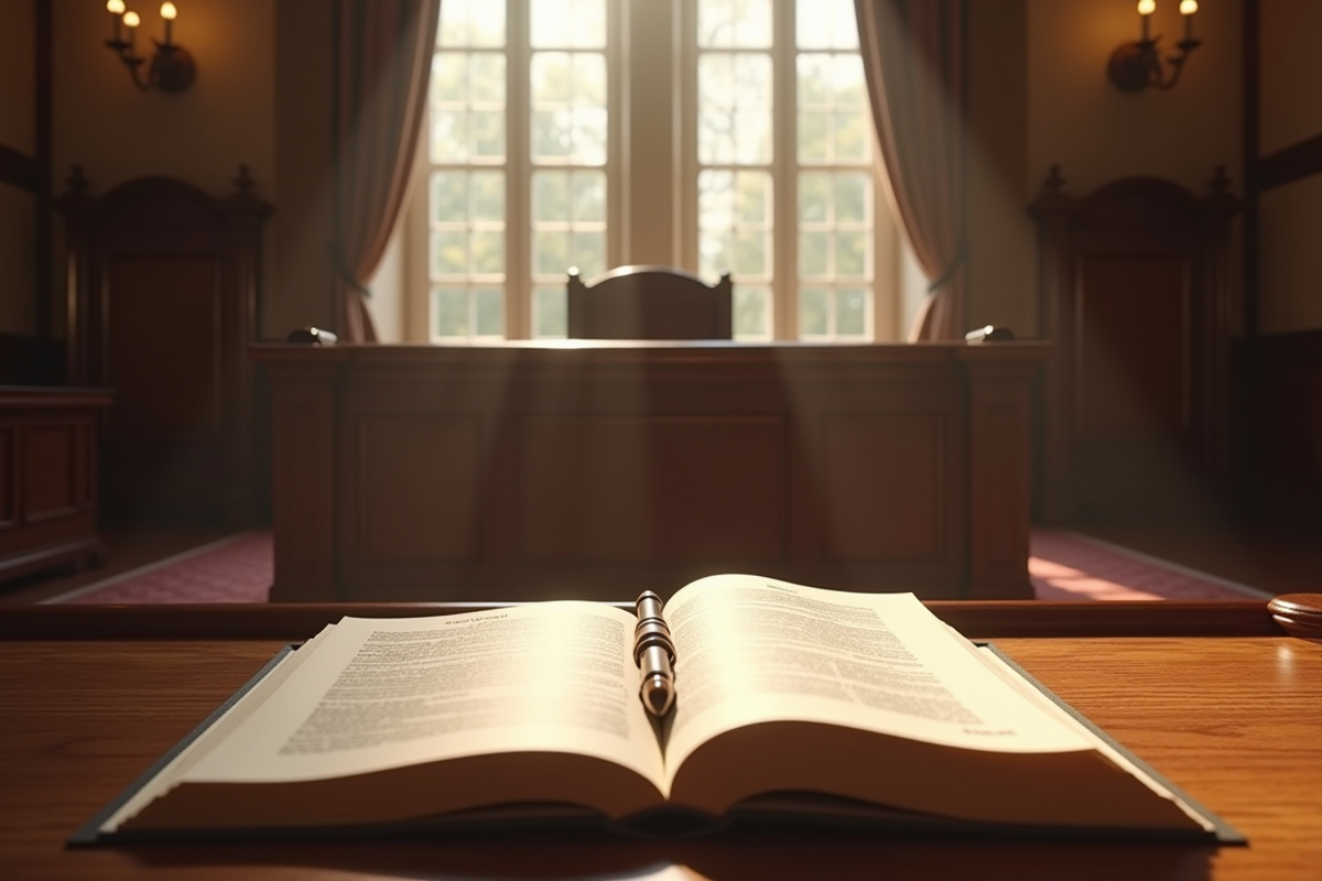 Salle de justice française avec code civil ouvert en premier plan