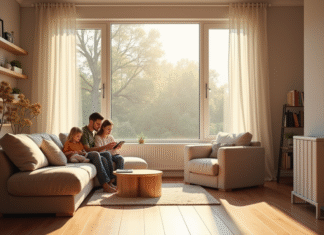 Salon moderne avec chauffage électrique mural et ambiance chaleureuse