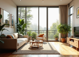 Salon moderne et lumineux avec grandes fenêtres et plantes