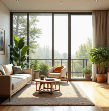 Salon moderne et lumineux avec grandes fenêtres et plantes