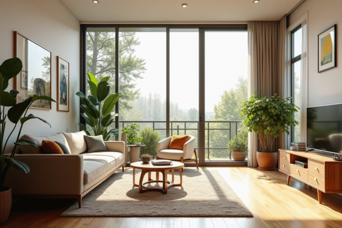 Salon moderne et lumineux avec grandes fenêtres et plantes