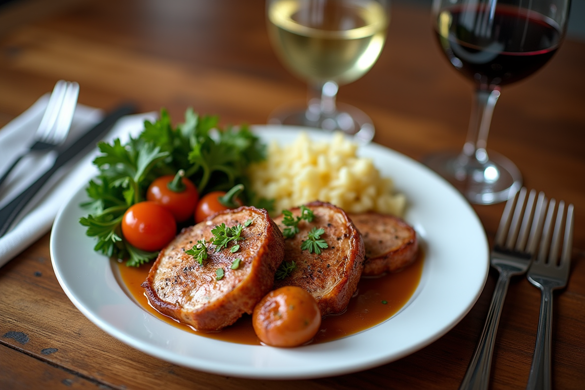 Table élégante avec cordon bleu et verres de vin blanc et rouge
