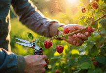 Mains de jardinier taillant une branche de framboisier en plein soleil