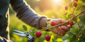 Mains de jardinier taillant une branche de framboisier en plein soleil
