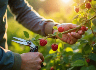 Mains de jardinier taillant une branche de framboisier en plein soleil
