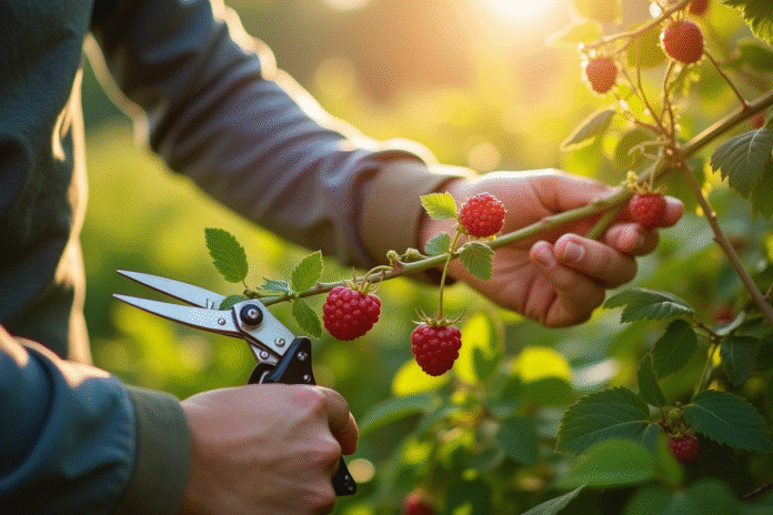 taille-raspberry-tailler Mains de jardinier taillant une branche de framboisier en plein soleil