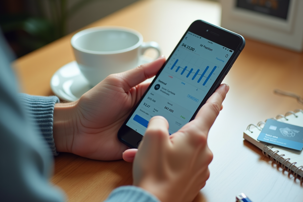 Main utilisant une application financière sur smartphone avec graphiques