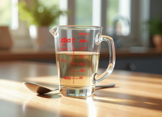 Verre mesure 20cl sur plan de travail en bois naturel