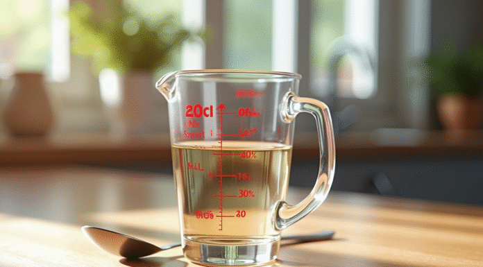 Verre mesure 20cl sur plan de travail en bois naturel